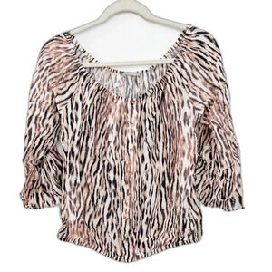 Tart Women’s Leopard Print Long Sleeve Top Sz M Blouse Ruffle Bell Sleeve Tan **